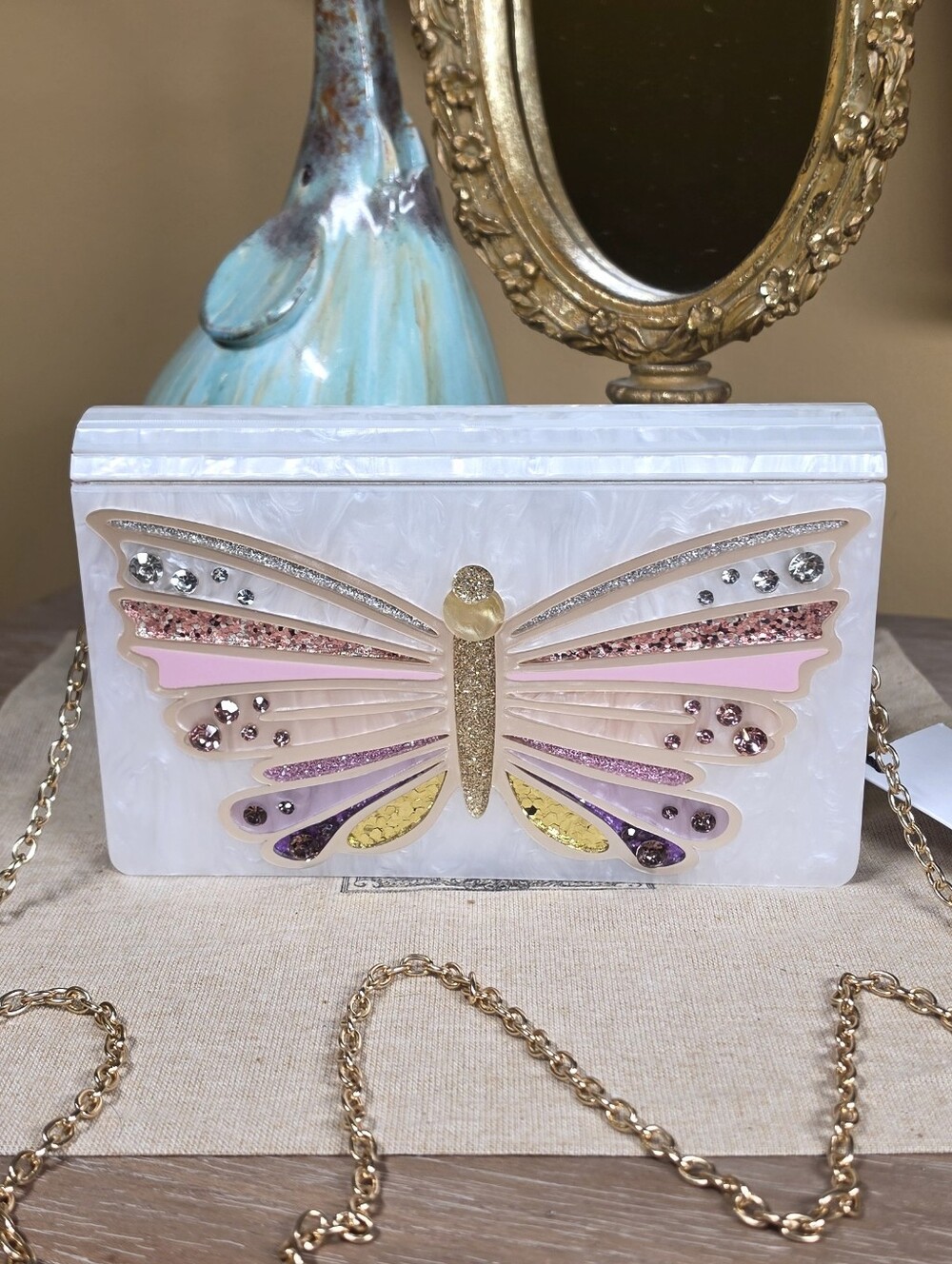Kurt Geiger Butterfly Crystal, Gem & Glitter Acrylic Crossbody Clutch NWT!